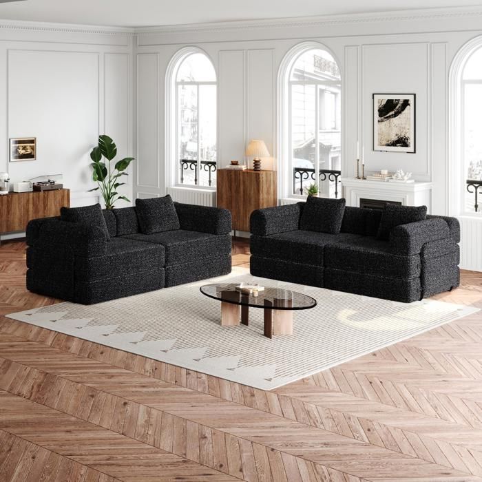 Canapé Convertible 4 Places - 368x91x70cm - Chauffeuse Lit Chenille Poches Rangement Cadre Acier - Noir