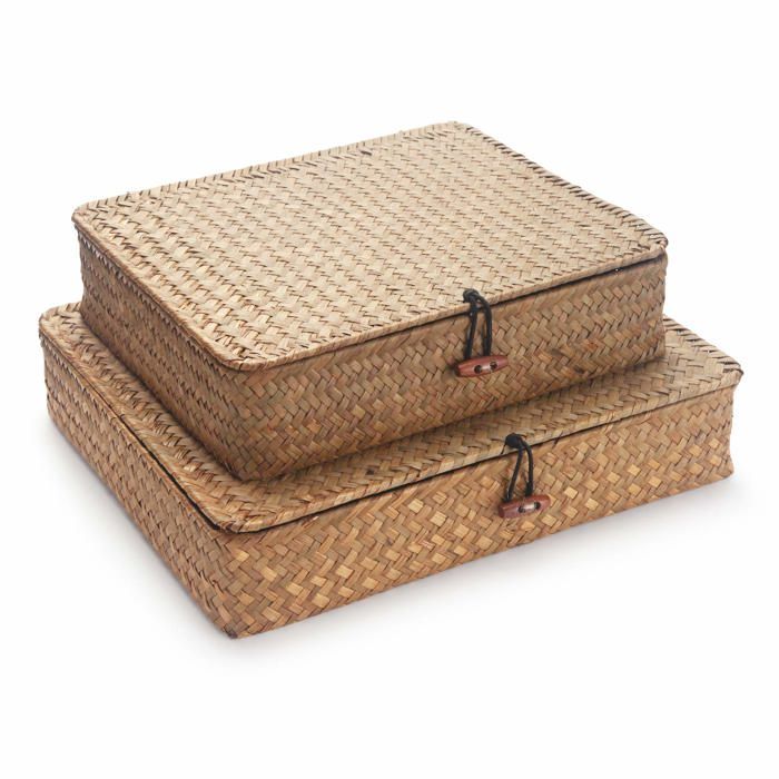 Panier rectangulaire avec couvercle en rotin jonc de mer emboîtable lot 2 pièces 32 x 28 x 7 cm et 27 5 x 23 5 x 6 5 cm