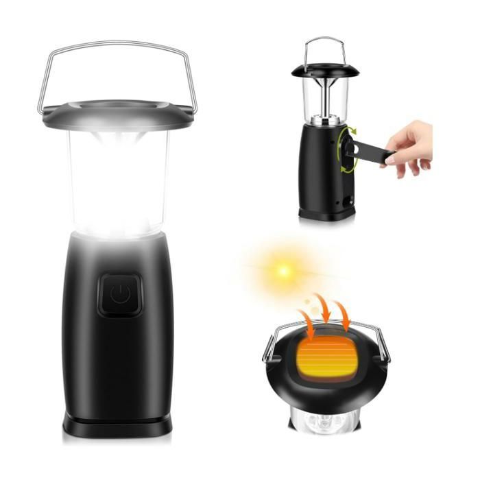 Lanterne de camping solaire lampe durgence tente lumineuse portable manivelle pour camping (noir)