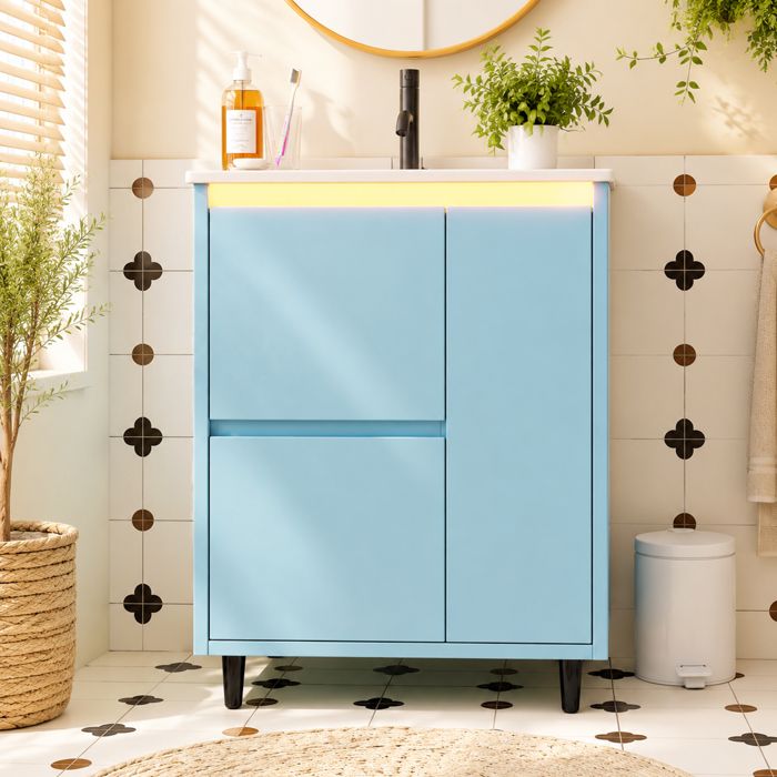 Meuble Vasque Bleu avec 2 Tiroirs Rangement Vasque Céramique Design Moderne Fermeture Douce - Céramique et MDF - 61x46.5x87cm