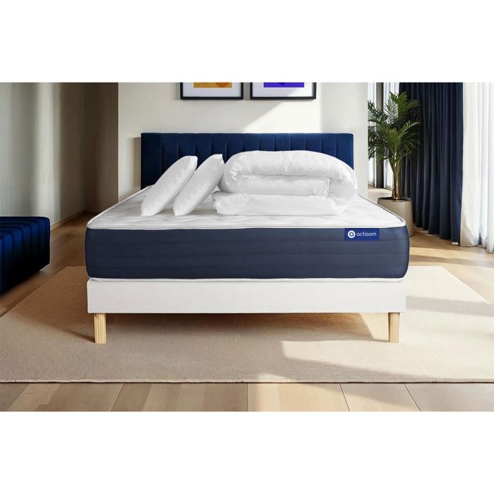 Pack lit complet 160x200 cm - Matelas + Sommier Blanc (en kit) + 2 oreillers + Couette - Actimemo Sl
