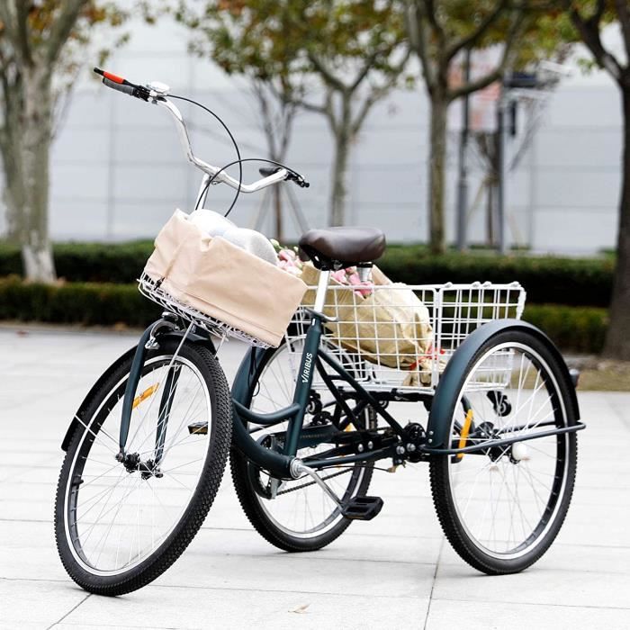 Tricycle 24 Pouces Adulte Avec Panier – 7 Vitesses, Acier Carbone, Réglable, Pour Courses, Balades Confortables