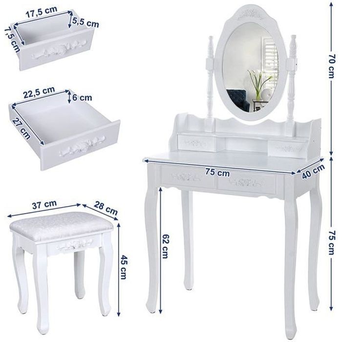 coiffeuse avec miroir she - 4 tiroirs - 75x40x145 cm - blanc - style contemporain - meuble de chambre