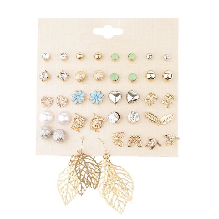 20 Paires Boucles d'Oreilles Fantaisie Motif de Cœur/Fleur/Oiseaux/Chouette  - Bijoux pour Étudiante Écolière Femme de Bureau - - Achat / Vente boucle d' oreille Ensemble de 20 paires de Mixte 