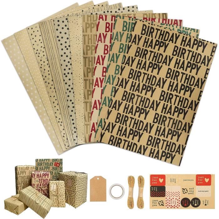 GmeDhc Papier Cadeau Anniversaire, 8 Pièces Rouleau Papier Kraft Motif