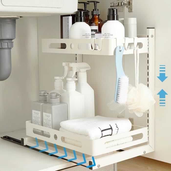Organisateur Sous Évier Cuisine 2 Niveaux - Étagère Extensible Avec Plateaux Et Paniers - Gain D'Espace