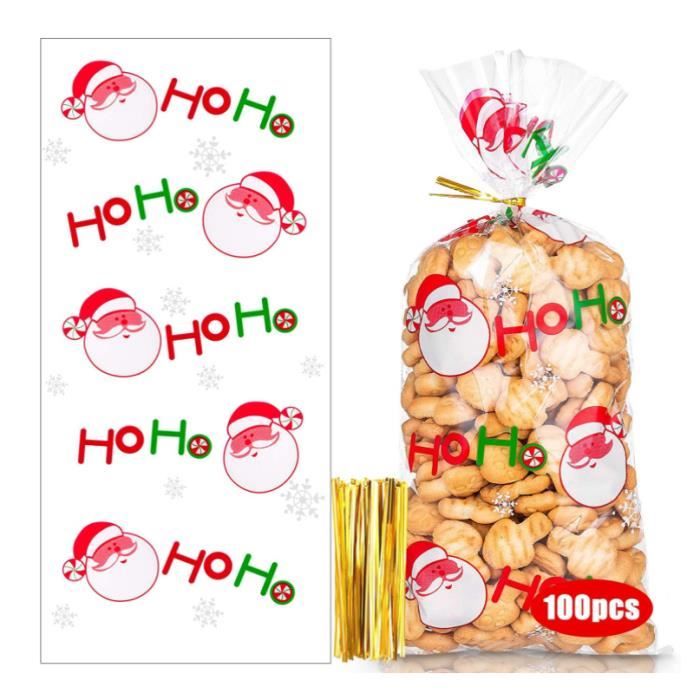 100 Pièces Sachets en Plastique Noël pour Biscuits Bonbons, Xmas