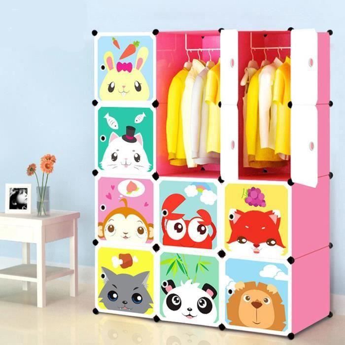armoire penderie plastique enfants rose, 12 cubes armoire etagère meuble de rangement pour vêtements chaussures jouets carto