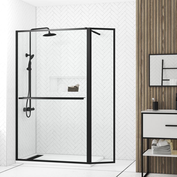 Paroi de Douche avec Volet Pivotant 120+40x200cm - Profilé Porte-serviette et étagère NOIR MAT