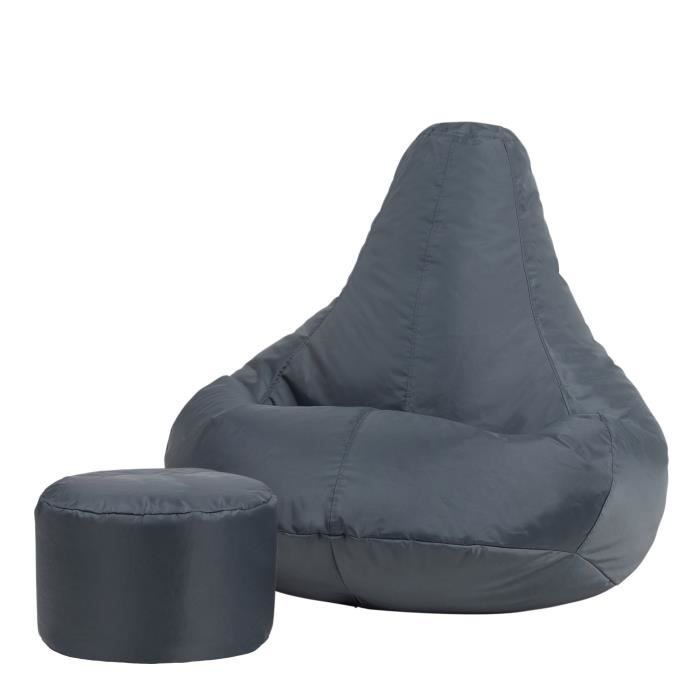 pouf fauteuil recliner et repose-pieds - veeva - textile tissé - résistant à l’eau - gris anthracite