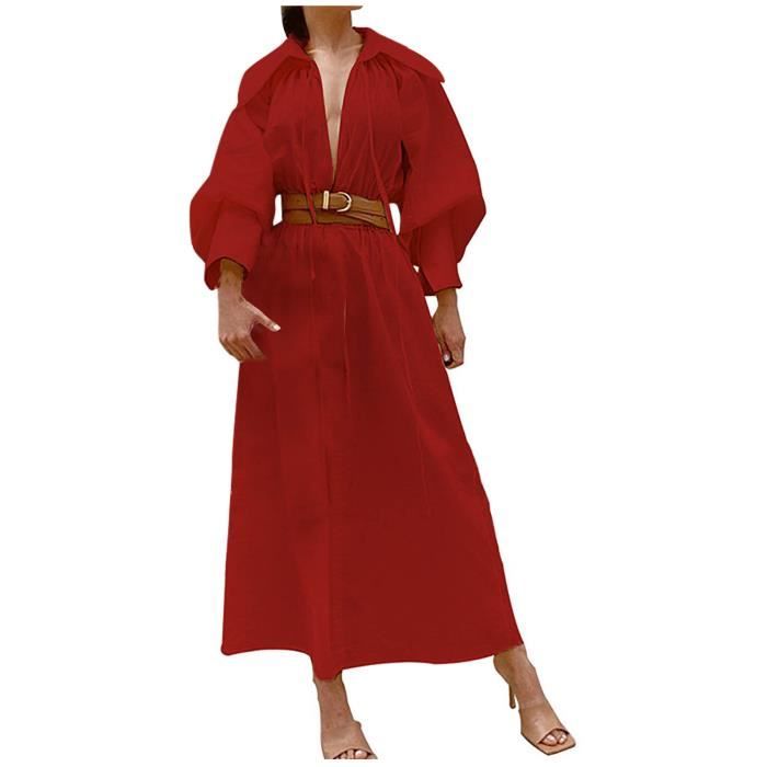 Robe Longue Imitation Daim - Ceinture Incluse - Manches Longues à Revers - Coupe Ajustée - Polyester - Automne