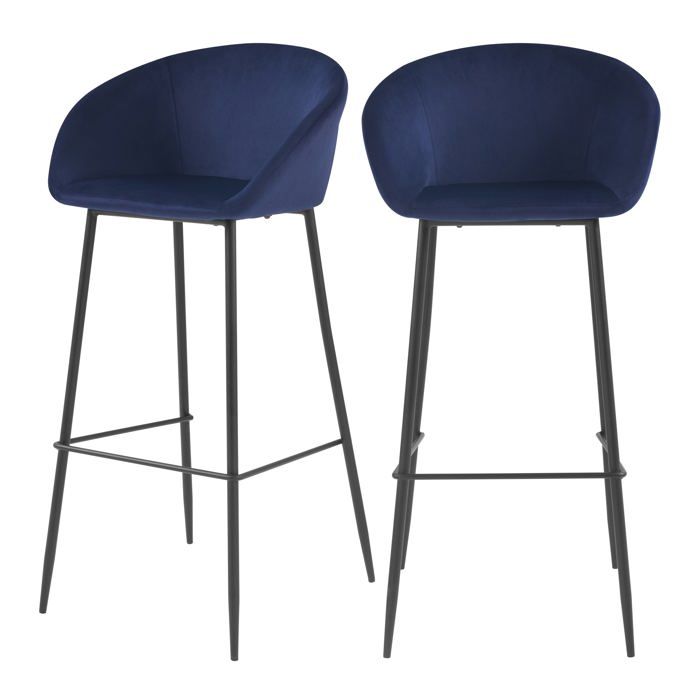 Lot de 2 chaises de bar 75 cm en velours bleu - Marquise - Maison Pavane