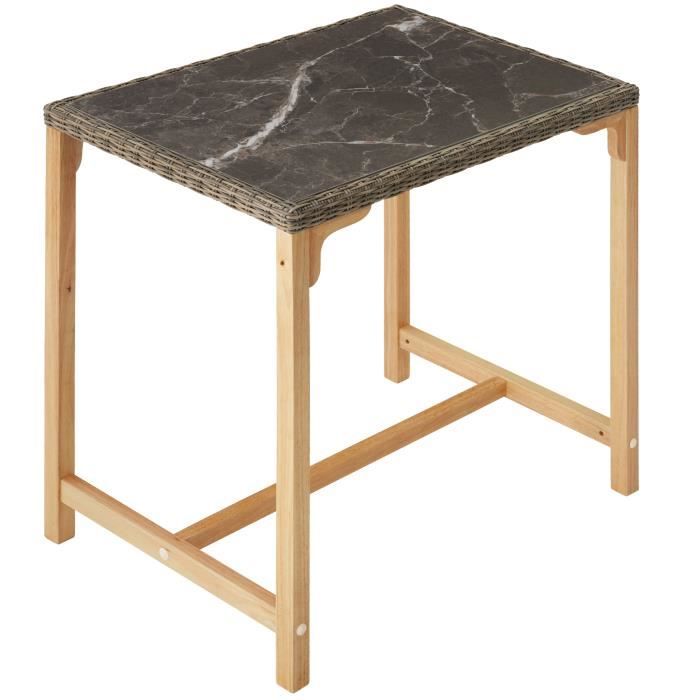 TECTAKE Table de bar en rotin KUTINA Résistant aux intempéries et aux rayons UV Plaque en grès cérame amovible - Marron Naturel