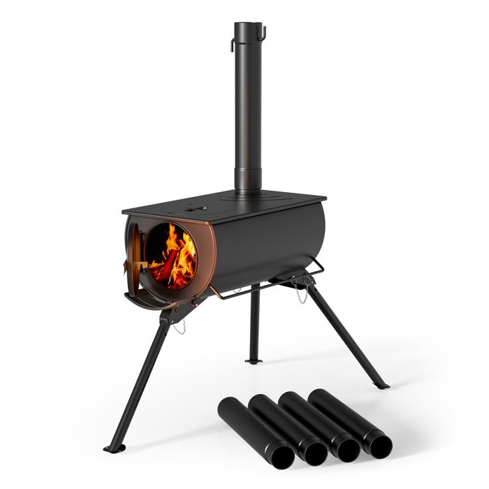 Wiltec Poêle pour tente de camping – 540 x 810 x 2387 mm – Acier doux – Poêle à bois portable et démontable pour randonnée, déplacement, aventures, chauffage