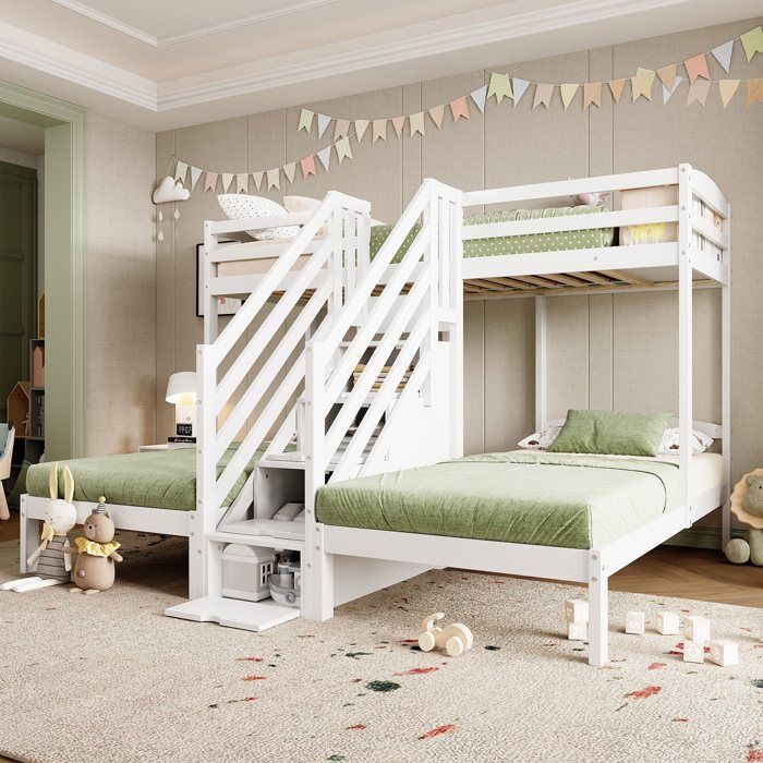 MODFU Lit superposé enfant 140x200 cm avec 2 tiroirs et escalier, pin MODFU Lit superposé enfant 140x200 cm avec 2 tiroirs et escalier, pin