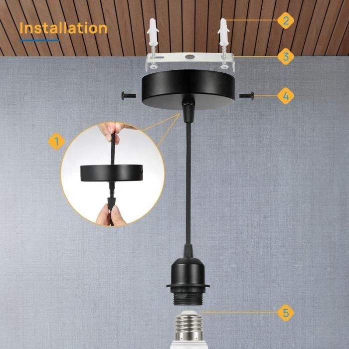Suspension Luminaire E27 - Douille Ampoule avec Cable 100 cm - Fixation  Plafond