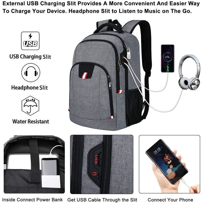 Sac à Dos Ordinateur Portable, 17,3 Pouces Étanche Sac à Bandoulière avec  Chargeur USB et Port de Casque, pour Affaires/Voyage, Gris Noir - Cdiscount  Bagagerie - Maroquinerie