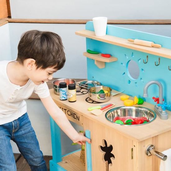 Jeu de cuisine enfant en bois dinette bleu fille et garçon Teamson