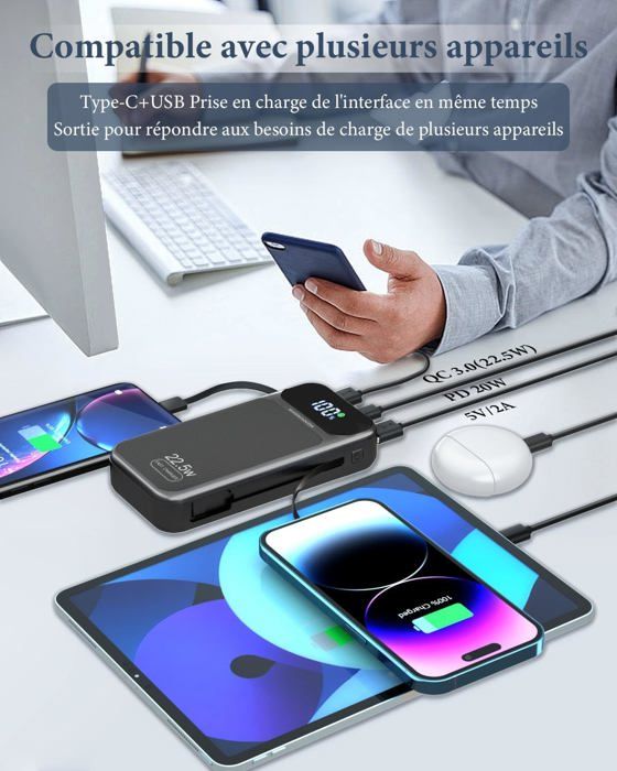 Power Bank 20000 mAh 22,5 W Banque de puissance à charge rapide PD3.0 QC4