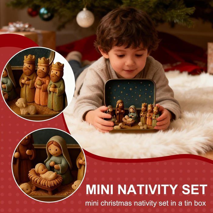 Ensemble De Crèche De Noël En étain Miniatures - Figurines Jésus, Marie, Joseph, Boîte Décorative 13x8 Cm