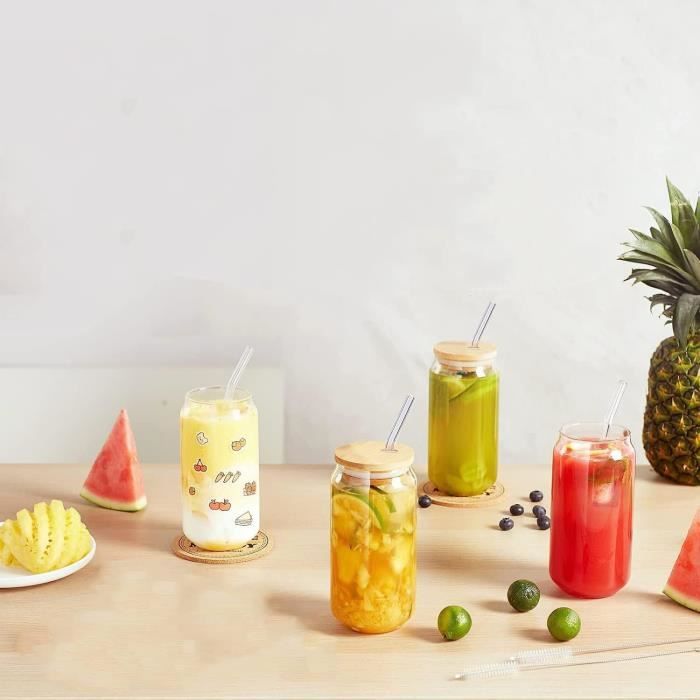 Lot De 4 Verres à Matcha Latte 500ml Avec Paille Et Couvercle - Gobelets Smoothie Fraise