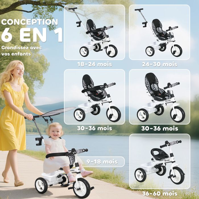 HOMCOM Tricycle Enfants évolutif Canne Et Pare-soleil Pliable Amovible Sacoche Et Panier 102 X 49l X 102 Cm Acier Bleu