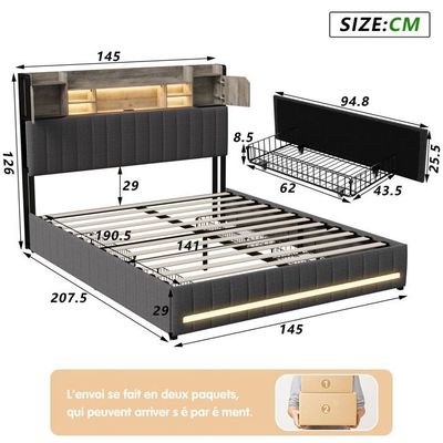 Lit Coffre,140 X 190 Cm,avec éclairage Led, Lit Coffre Hydraulique Avec Coffre De Lit Lin Gris