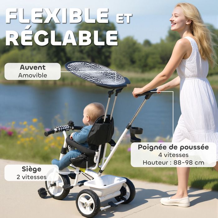 TRICYCLE POUR ENFANT HOMCOM Tricycle Enfants -eacute,volutif Canne, Pare-Soleil Pliable Amovible