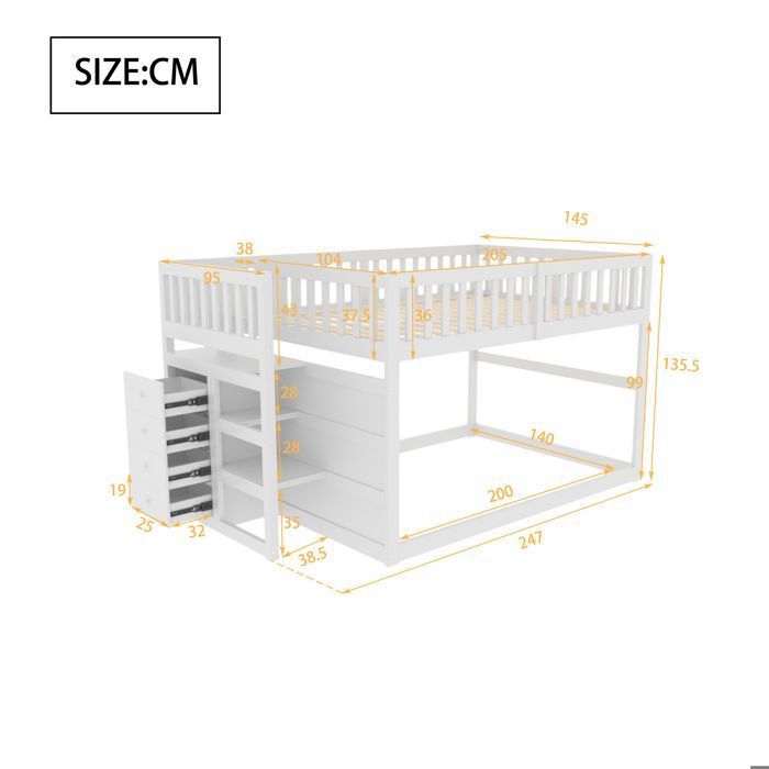 Lit Superposé Multifonctionnel Pour Enfant - Avec échelle Et Toboggan 2x90x200cm En Bois Massif Blanc