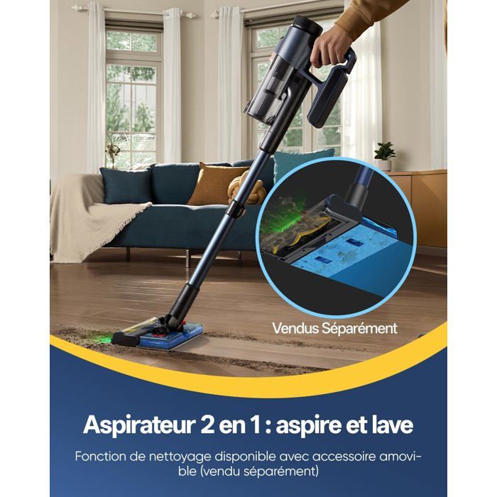 CHEFREE Aspirateur Balai sans Fil, 48Kpa/450W Aspirateur sans Fil Puissant avec Detect Laser, 50 Min, Brosse Anti-Emmêlement pour Tapis Poils Animaux Sol Dur Voiture