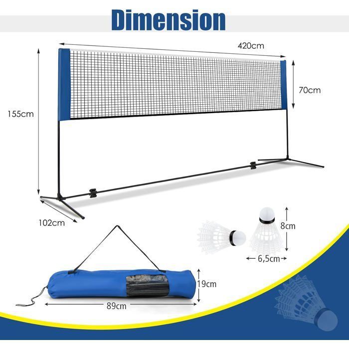 FENRIR Filet De Badminton/volley 4,2/5m – Hauteur Réglable 85/120/155 Cm, Structure Stable En Fer Peint, Nylon Résistant – Portable Avec Sac