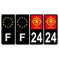 Lot de 4 Autocollants Sticker Plaque d'immatriculation Voiture 24 Périgord Noir Logo Couleur & F Europe