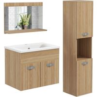 Ensemble 3 meubles salle de bain avec vasque - meuble sous-vasque suspendu, miroir, meuble colonne mural - aspect chêne clair