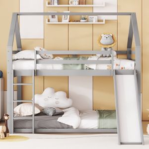 SOMMIER Lit double lit enfant lit maison lit superposé avec toboggan et échelle,chambre d'enfant lit superposé double haut,gris,140x200cm