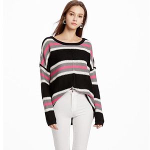 PULL Pull Femme Rayures en Tricot Automne Hiver Pullover Col Rond Manches Longues - Noir/rose