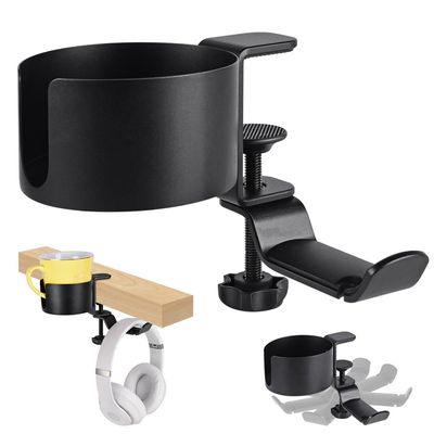 Support Bureau Avec Crochet Casque Et Porte-gobelet Rotatif | 2 Pièces Organisation Noir
