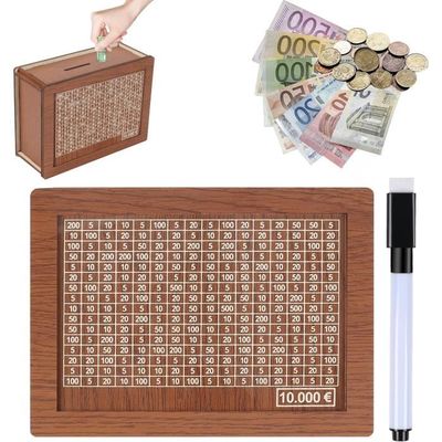 Tirelire 10000 Euro Tirelire En Bois Réutilisable Avec Objectifs D'épargne - 500 à 10 000€ - Marqueur Et Stickers Inclus - 20x14,5x7cm Cadeau Gestion Finances