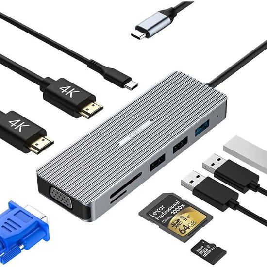 Hub USB C, Adaptateur Multiport 9-en-1, Stations d'accueil, USB-C