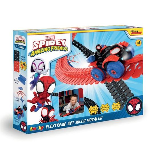 Smoby- Flextreme Spidey, Pistas Flexibles para Coche de Spidey, Incluye Coche con Luces, 184 tramos, Hasta 4,4m de Pìsta (7600180918