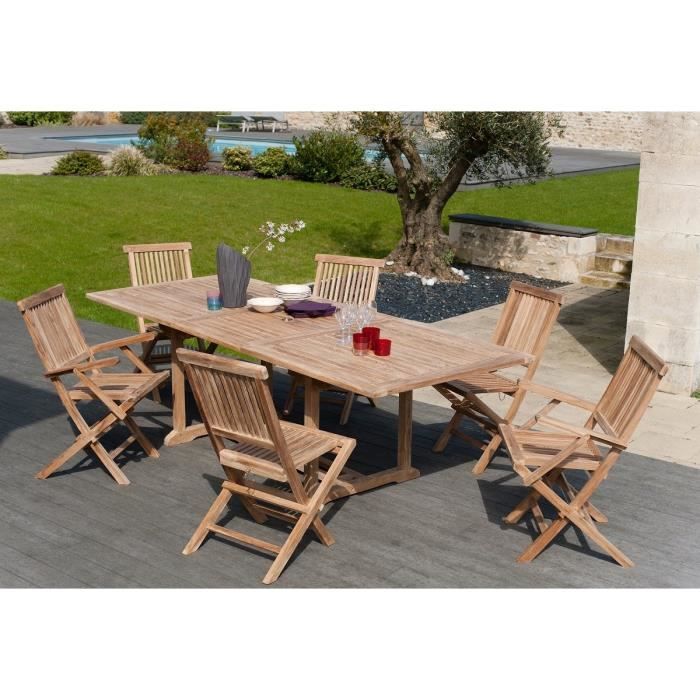 Ensemble en teck massif table extensible de jardin 180 - 240 cm + 4 chaises et 2 fauteuils