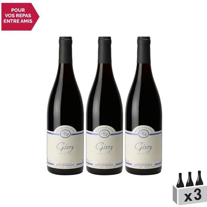 Givry Rouge 2018 - Lot de 3x75cl - Domaine René Bourgeon - Vin AOC Rouge de Bourgogne - Cépage Pinot Noir