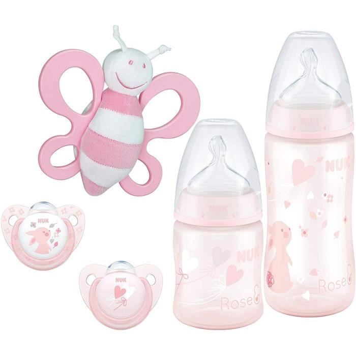 NUK Coffret de Naissance First Choice+ avec 2 Biberons, 2 Sucettes et 1 hochet peluche, 0-6 Mois, anti colique, Sans BPA, Rose (Fill
