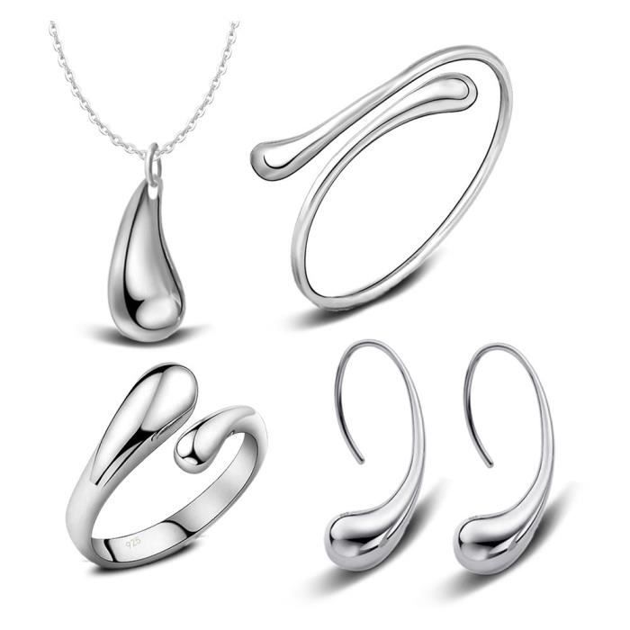 Parure GOUTTE D'EAU - Lot de 4 bijoux : Pendentif Collier + Boucle Oreille + Bague ajustable + Bracelet - Plaqué Argent