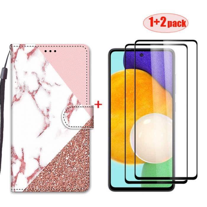2 Pack protecteur d'écran et Cuir Étui pour Xiaomi Redmi Note 10 5G Peint Housse Haut de gamme Protection - Coutures en marbre