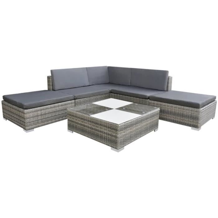6 pcs Salon de Jardin Avec Coussins Résine Tressée - Avec Verre Trempé - Style Contemporain - Gris