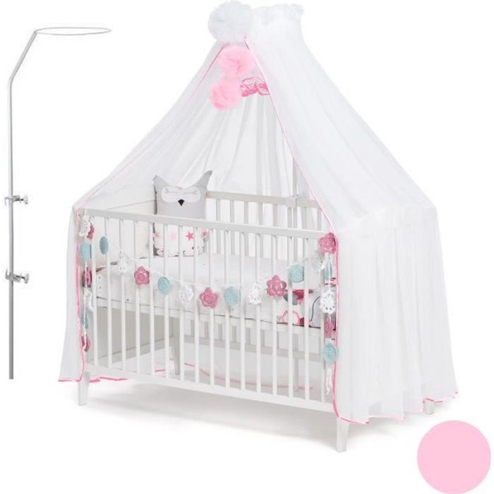 Callyna ® - Ciel de lit bébé XXL avec support, voile Blanc grande taille. Moustiquaire décorative pour lit bébé. Pompon Rose