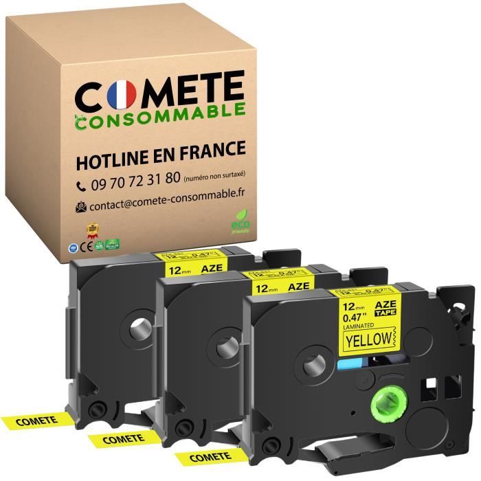 COMETE - 3 Rubans TZe-631 Tz 631 Tze631 Compatible pour Étiqueteuse Brother P-Touch - 12mm x 8m - Noir sur Jaune