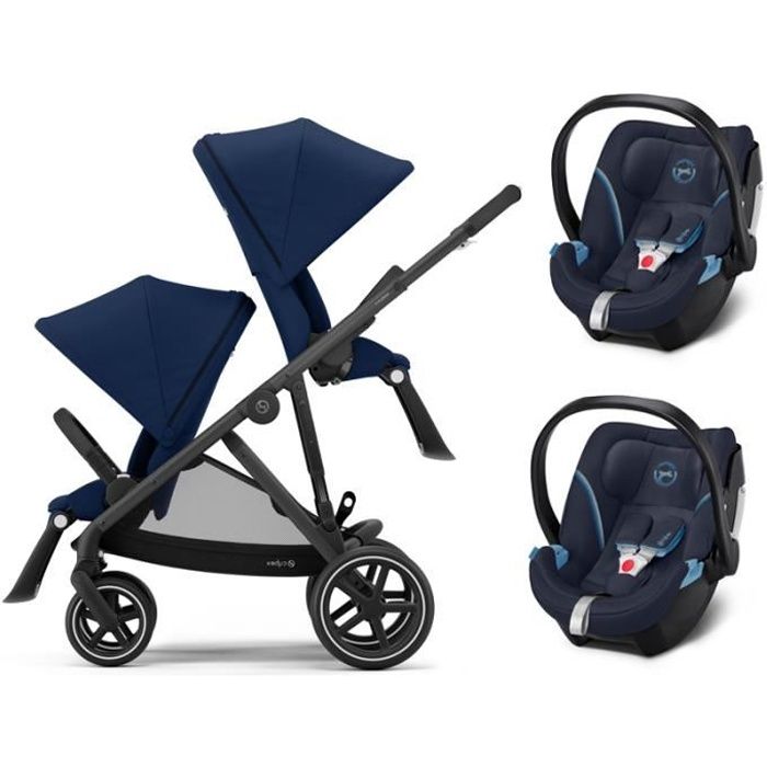 CYBEX Gazelle S Jumeaux - Poussette (6+) avec deux siège auto - Pliage compact - châssis noir - Bleu