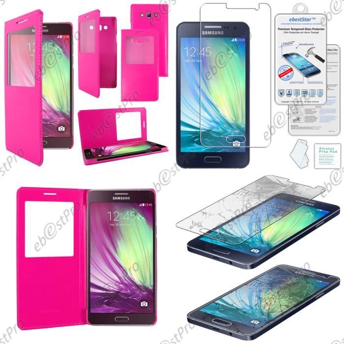 Verre Trempé + Housse Pochette Protection Coque Etui type S-View Samsung Galaxy A5 SM-A500F, Rose