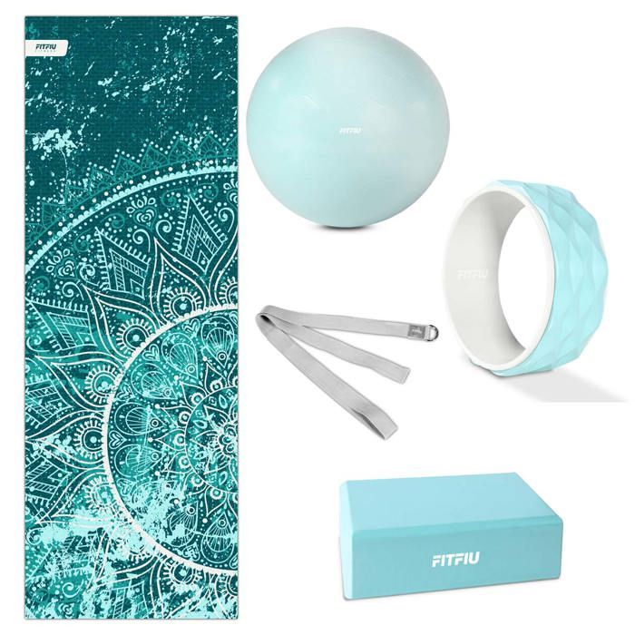 Kit 5 accessoires de yoga KITWELL-500 BLEU, tapis, bloc, fitball, sangle d'exercice, wheel - FITFIU Fitness